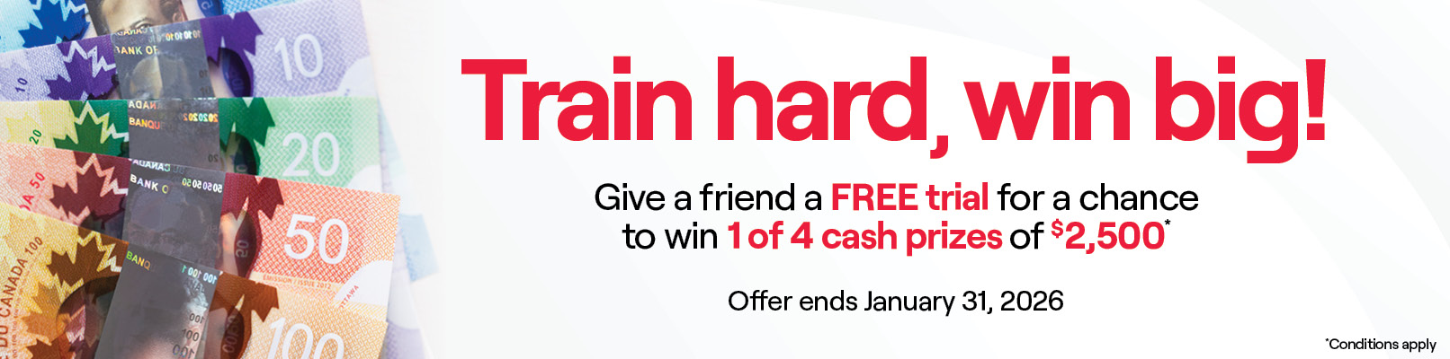 Promotional banner with text: Visa Gift Cards. Give a friend a free trial for a chance to win 1 of 4 cash prizes of $2,500* Offer ends January 31, 2025.
